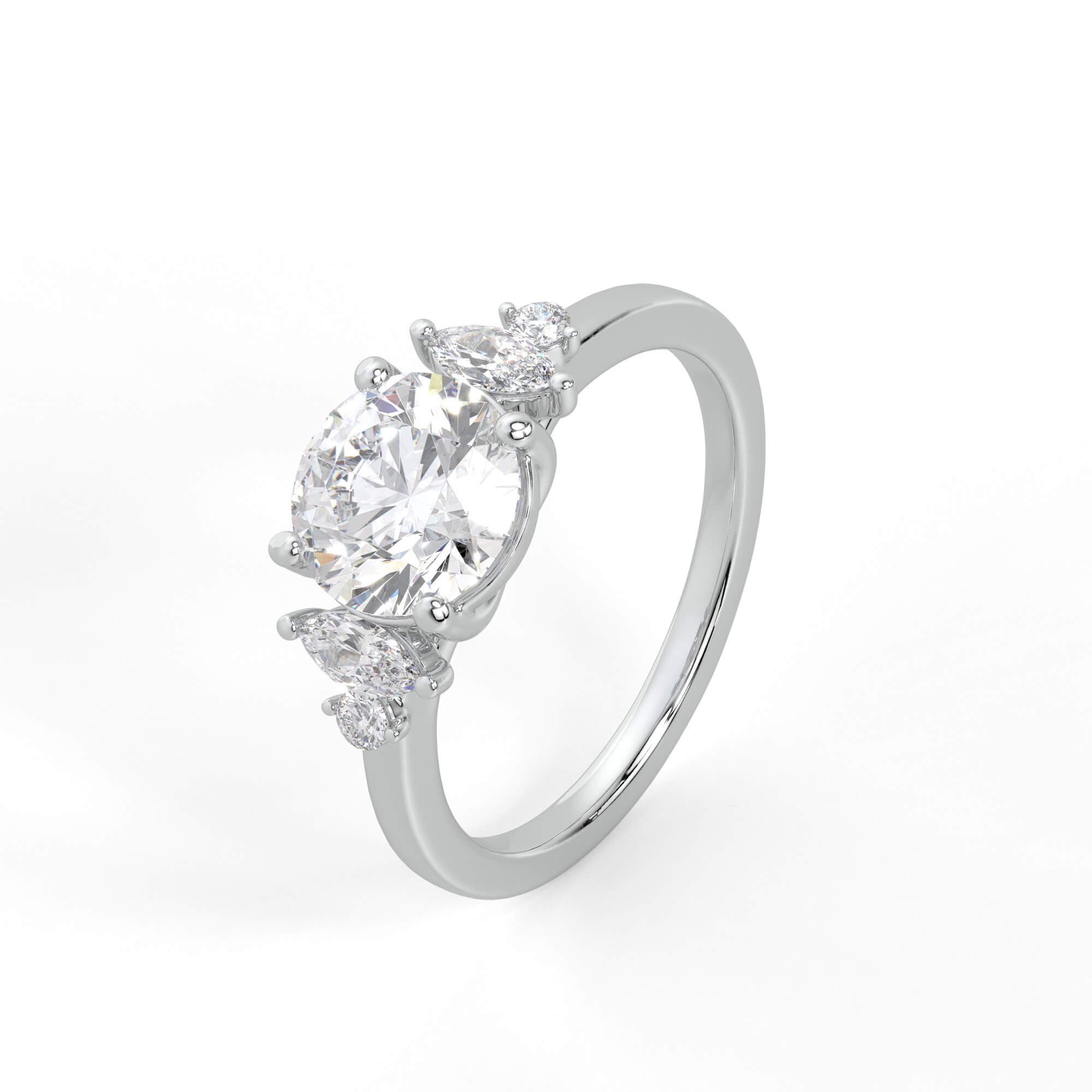 Round Diamond Five Stone Ring with Marquise Accents